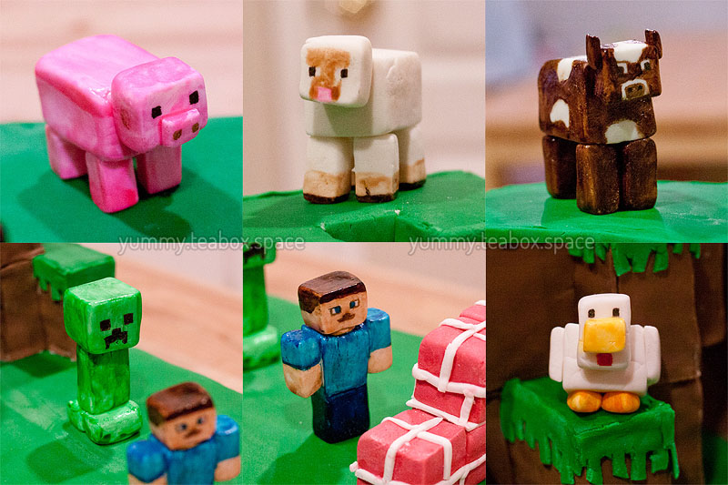 Close up of Minecraft figures - pig, sheep, cow, Creeper, Steve, and chicken - made out of gumpaste.